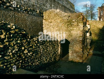 View NNE of the Anglian Tower, York, England, UK, built into a breach in the C4thAD Roman legionary fortress wall & abutted by the medieval city wall. Stock Photo