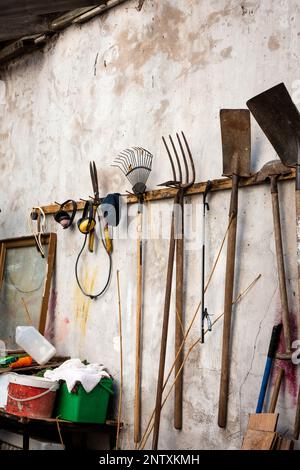 Barn interior with a collection of various rusty garden tools hanging on weathered wall Stock Photo