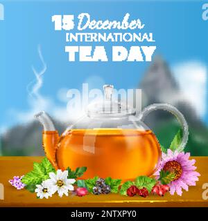 International tea day poster with glass teapost herbs and berries vector illustration Stock Vector