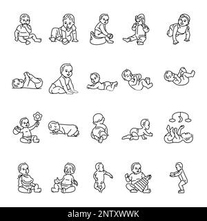 Early childhood black line icons set. Toddler development. Stock Vector