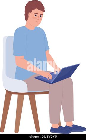 Man with laptop on lap sitting in armchair semi flat color vector character Stock Vector