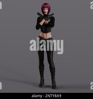 3D-illustration of an female rogutlike ninja fighter fighter in a nanosuit with guns Stock Photo