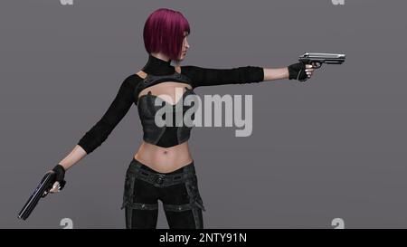 3D-illustration of an female rogutlike ninja fighter fighter in a nanosuit with guns Stock Photo