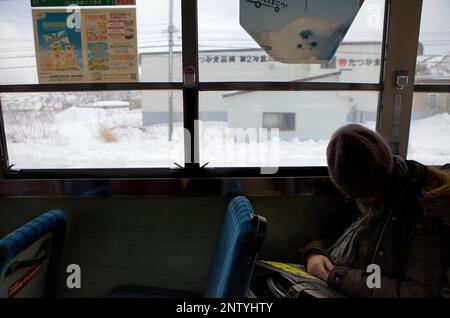 Sleeping in Bus from Wakkanai city to Soya Cape,Hokkaido Japan Stock Photo