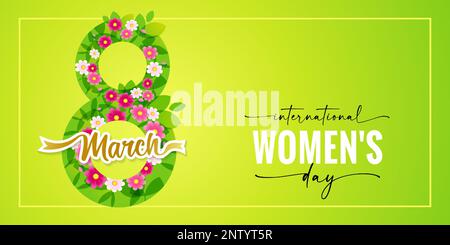 International Womens Day elegant lettering, green leaves and flowers in figure 8. Women's day poster with beautiful number eight on green background Stock Vector