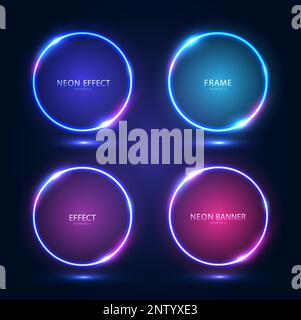 Round neon frames with shining effects and highlights on a dark background. Stock Vector