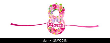 Continued long pink ribbon and flowers in shape of figure 8. Vector isolated element for March 8th, International Womens Day Stock Vector