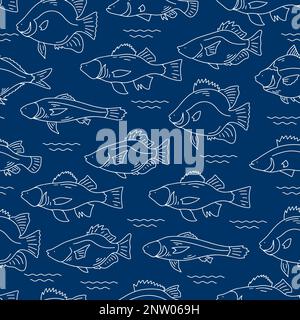 Seamless fishes, isolated on blue background. Hand drawn sketch vector illustration. Stock Vector