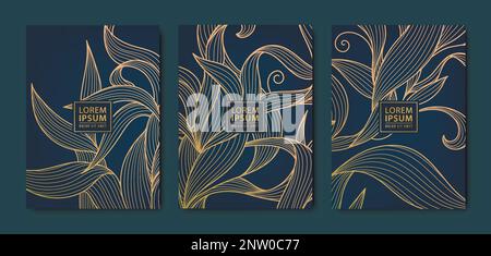 Vector japanese leaves art deco patterns. Floral golden elements template in vintage style. Luxury black line covers, flyers, brochures, packaging Stock Vector
