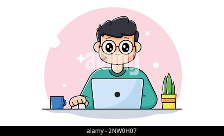 Cute teen boy using a laptop. Concept of online education or freelace work. vector illustration Stock Vector