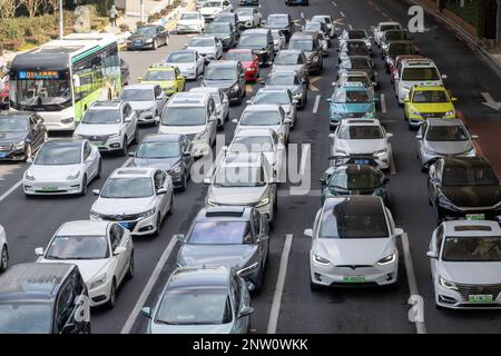 SHANGHAI, CHINA - FEBRUARY 28, 2023 - Traffic jams on a road in Shanghai, China, February 28, 2023. Stock Photo