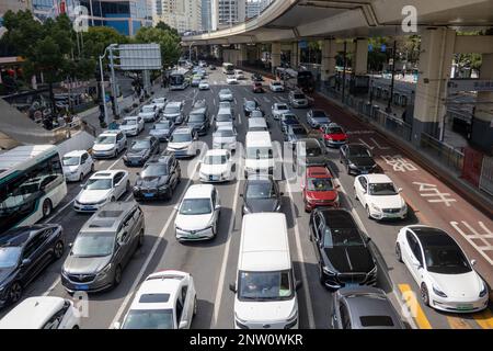 SHANGHAI, CHINA - FEBRUARY 28, 2023 - Traffic jams on a road in Shanghai, China, February 28, 2023. Stock Photo