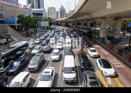 SHANGHAI, CHINA - FEBRUARY 28, 2023 - Traffic jams on a road in Shanghai, China, February 28, 2023. Stock Photo