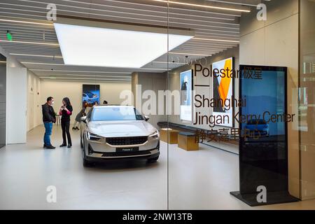 SHANGHAI, CHINA - FEBRUARY 28, 2023 - Customers talk to staff about Polestar Polestar2 at a Polestar car store in Shanghai, China, February 28, 2023. Stock Photo