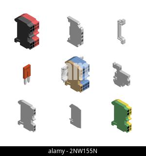 Terminal blocks for connecting wires on a din rail with accessories. 3D isometric style, vector illustration. Stock Vector
