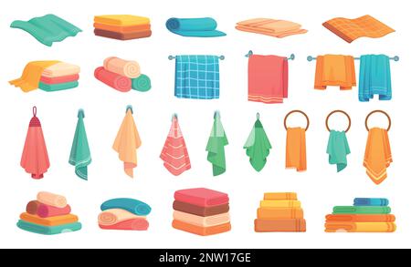 Bath towels set for kitchen or hotel cartoon flat style Stock Vector