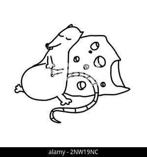 Cute rat with a cheese, mouse in cartoon outline doodle style. Vector illustration isolated on white background. Stock Vector