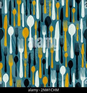 Cutlery cooking tool set seamless pattern design. Kitchen utensils fork, knife, spoon in doodle style on grunge blue background. Silverware vector ill Stock Vector