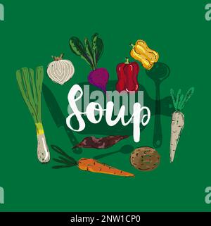 Fresh ingredients for vegetarian food. Cooking soup in a pot with potato, beet, bell pepper, leek, onion and carrot  in doodle style vector illustrati Stock Vector