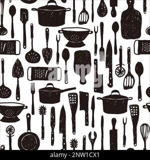 Cooking tool set seamless pattern design. Diverse kitchen utensils in black doodle style on isolated background. Monochrome vector illustration for bo Stock Vector