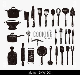 Cooking tool collection card design. Diverse kitchen utensils in black doodle style on isolated background. Monochrome vector illustration for book co Stock Vector