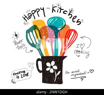 Diverse kitchen utensils in colorful transparent doodle style inside a black jar on isolated background. Happy kitchen and i love cooking quote in han Stock Vector