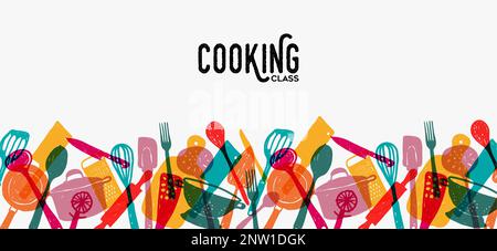 Cooking class horizontal frame template design. Diverse kitchen utensils in colorful transparent doodle style on isolated background. Multicolor vecto Stock Vector