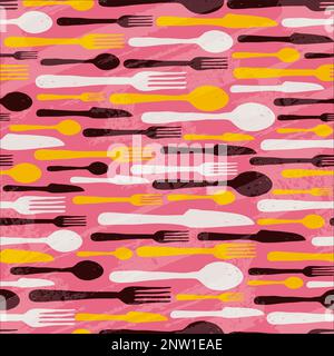 Cutlery cooking tool set seamless pattern design. Kitchen utensils fork, knife, spoon in retro doodle style on grunge pink background. Silverware vect Stock Vector