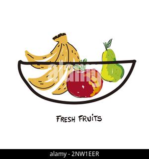 Bowl with fresh fruit in doodle style vector illustration. Banana, apple and pear inside the basket in hand drawn art on isolated background. Design e Stock Vector