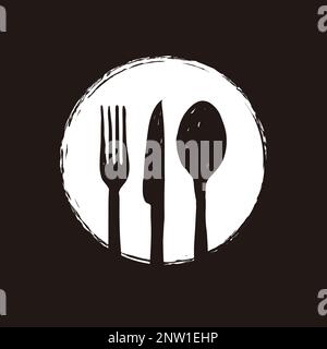Cooking cuisine icon in black and white design. Kitchen utensils, fork spoon and knife in doodle style on isolated background. Monochrome vector logo Stock Vector