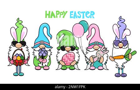Happy Easter Day gnomes with bunny ears and eggshell. Nordic magic dwarf. Cute holidays Elf with easter eggs. Vector illustration for Spring Days deco Stock Vector