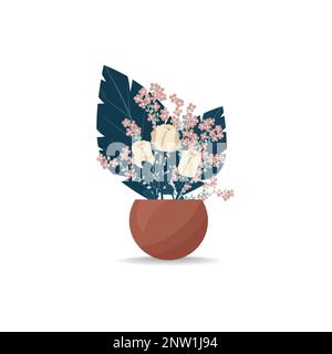 Bouquet of roses in a vase. Blooming flowers to decorate the room. Vector illustration in flat, boho style. Stock Vector