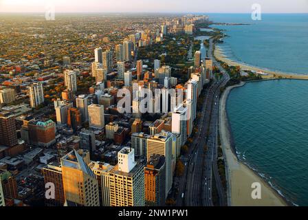 An aerial view of the Chicago Lakefront and Lake Shore Drive Looking towards North Avenue Beach Stock Photo