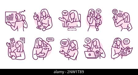Businesswoman color line icons set. Female entrepreneur, influencer, worker, mother. Pictograms for web page, mobile app, promo. Stock Vector