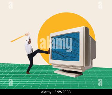 Conceptual design. Contemporary art collage. Bad signal. Mistakes. Angry tired man, employee hitting computer with bat Stock Photo