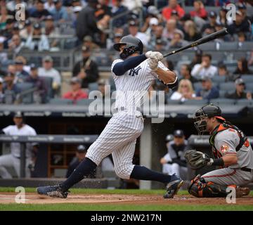 New York Yankees outfielder Giancarlo Stanton (27) during game against the  Baltimore Orioles at Yankee Stadium in Bronx, New York on April 8, 2018.  Orioles defeated Yankees 6-3. (Tomasso DeRosa via AP Stock Photo - Alamy
