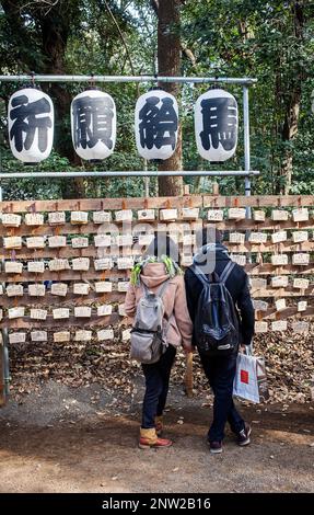 Couple reading wooden tablets with prayers at Sanctuary of  Meiji Jingu, Tokyo, Japan Stock Photo