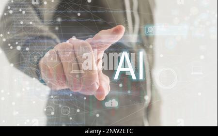Chat with AI or Artificial Intelligence technology. Businessman using a laptop computer chatting with an intelligent artificial intelligence asks for Stock Photo