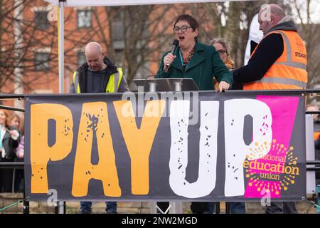 Manchester, UK, 28th February 2023, NEU STRIKE and March led by Mary Bousted, Joint General-Secretary of the National Education Union, who addressed the crowd .Teachers across Greater Manchester are walking out today 28th February 2023 amid an ongoing dispute between an education union and government. More than 12,000 members of the National Education Union (NEU) in Greater Manchester will be among those striking today (February 28). With little sign of a solution to the dispute on the horizon, teachers in the north of England are striking on Tuesday, followed by members in the Midlands and ea Stock Photo