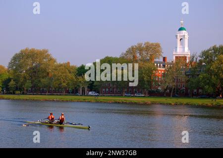 A double scull rows on the Charles River in Boston and Cambridge, passing the buildings on the Harvard University campus Stock Photo