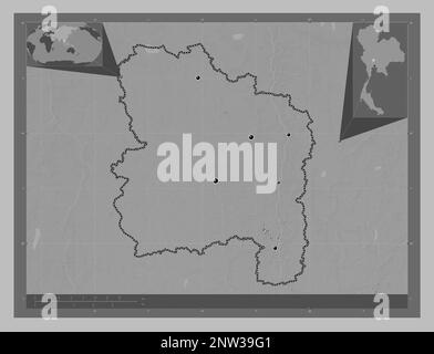 Ang Thong, province of Thailand. Grayscale elevation map with lakes and rivers. Locations of major cities of the region. Corner auxiliary location map Stock Photo