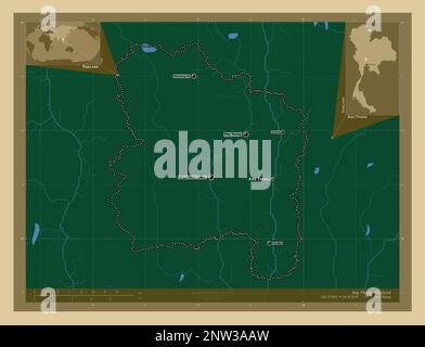 Ang Thong, province of Thailand. Colored elevation map with lakes and rivers. Locations and names of major cities of the region. Corner auxiliary loca Stock Photo