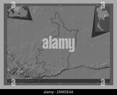 Buri Ram, province of Thailand. Bilevel elevation map with lakes and rivers. Locations of major cities of the region. Corner auxiliary location maps Stock Photo