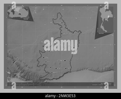 Buri Ram, province of Thailand. Grayscale elevation map with lakes and rivers. Locations and names of major cities of the region. Corner auxiliary loc Stock Photo