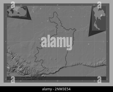 Buri Ram, province of Thailand. Bilevel elevation map with lakes and rivers. Corner auxiliary location maps Stock Photo