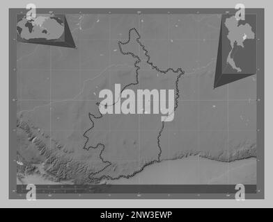 Buri Ram, province of Thailand. Grayscale elevation map with lakes and rivers. Corner auxiliary location maps Stock Photo