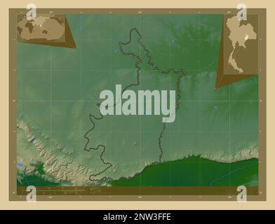 Buri Ram, province of Thailand. Colored elevation map with lakes and rivers. Corner auxiliary location maps Stock Photo