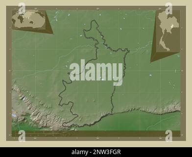 Buri Ram, province of Thailand. Elevation map colored in wiki style with lakes and rivers. Corner auxiliary location maps Stock Photo