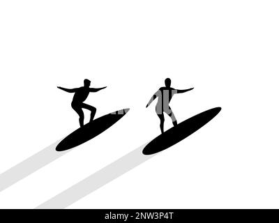 Silhouettes of two surfers riding the waves. Active rest, hobby. Design for banners, posters and promotional items. Vector illustration Stock Vector