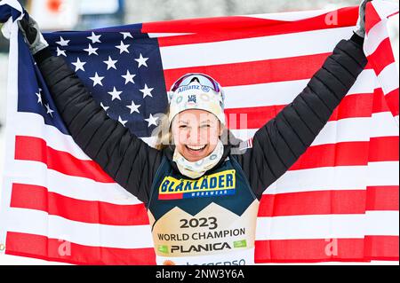 Planica, Slovenia. 28th Feb, 2023. American Jessie Diggins after winning the women’s 10-K freestyle race at the 2023 FIS World Nordic Ski Championships in Planica, Slovenia. John Lazenby/Alamy Live news Stock Photo